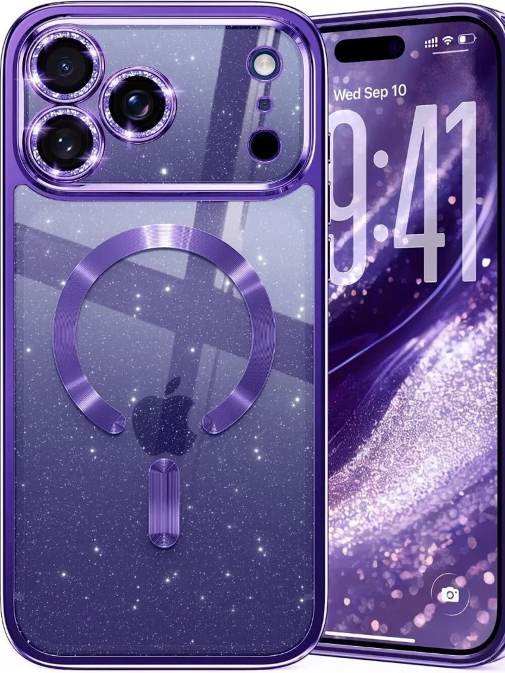Glitter iPhone 17 Pro Case MagSafe Sparkly Bling Lens Protection Purple Cover